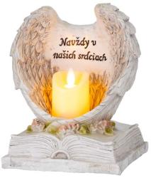 Dekorcia MagicHome, Anjelsk krdla na knihe so sviekou, 1xLED, polyresin, na hrob, 18x1