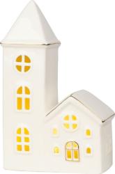 Dekorcia MagicHome, Domek s kostolom, LED, biely, porceln, 11,2x5,5x17,4 cm