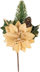 Vetvi�ka MagicHome Vianoce, s kvetom poinsettia, zlat�, 18 cm