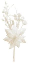 Vetvika MagicHome Vianoce, s kvetom poinsettia, biela, 19 cm